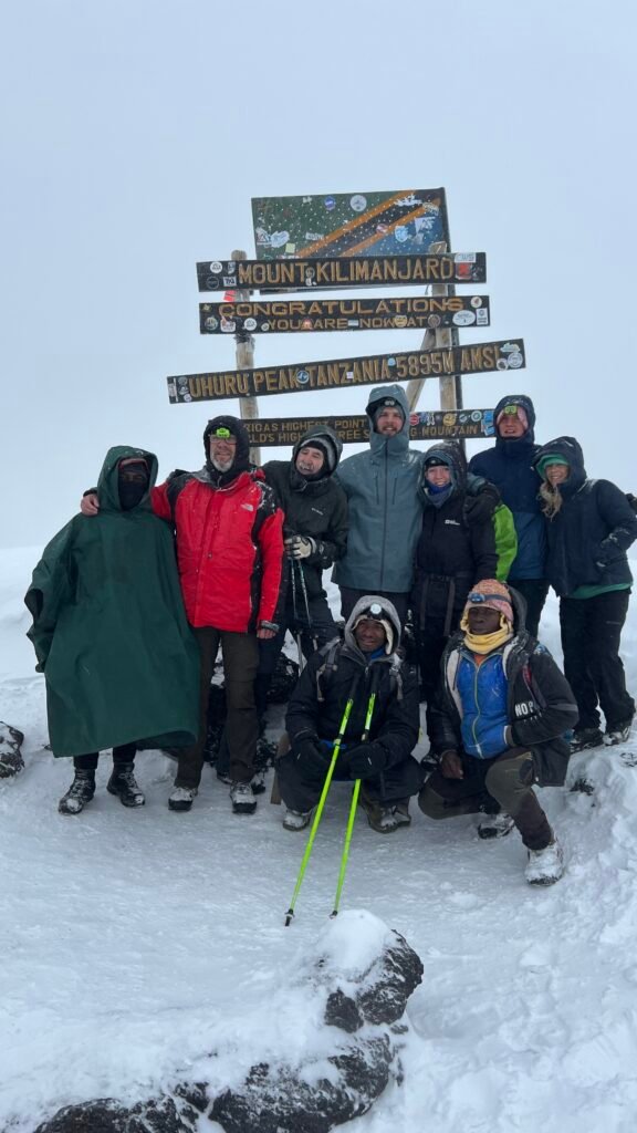 Group of Climbers Posing at the Mount Kilimanjaro Summit Sign in Snowy Conditions
